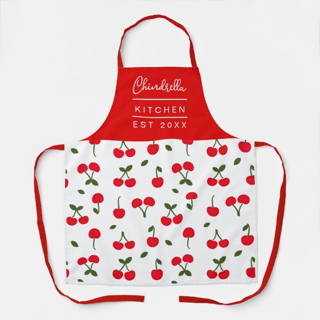 Modern Cherry Berry Pattern Custom Name Design Apron (Front)