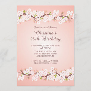 Modern Cherry Blossom Flower Floral Birthday Party Invitation
