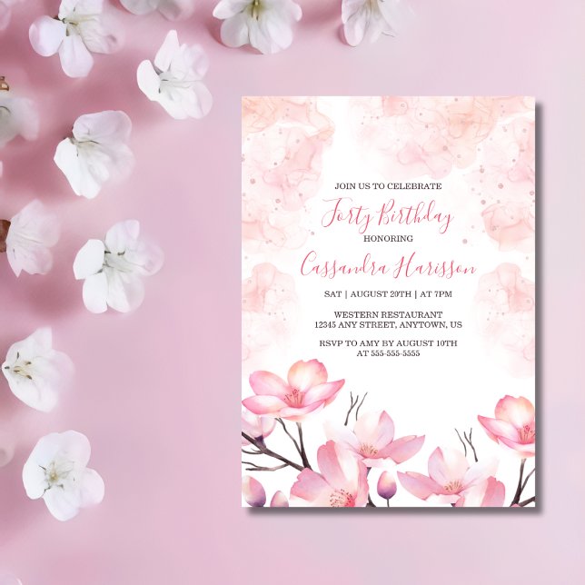Modern Cherry Blossom Flower Pink Splash Birthday Invitation (Creator Uploaded)