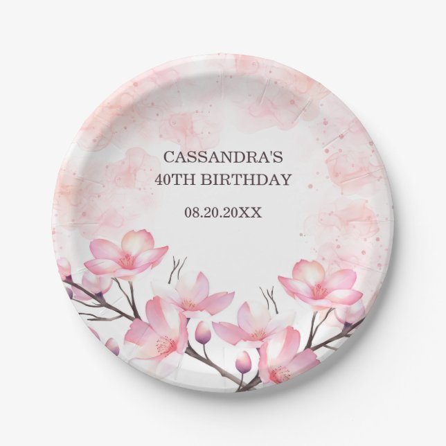 Modern Cherry Blossom Flower Pink Splash Birthday Paper Plate (Front)