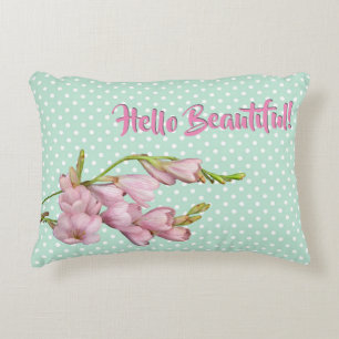 Modern Cherry Blossoms Mint Green Hello Beautiful! Decorative Cushion