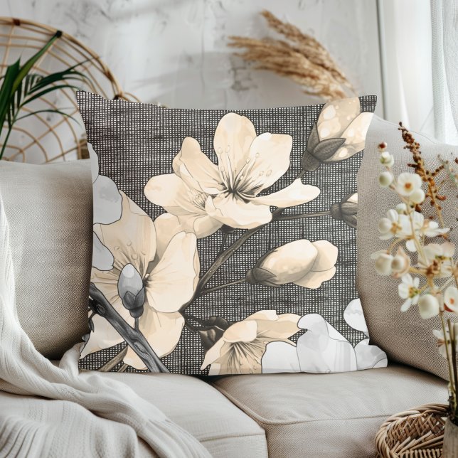 Modern Cherry Blossoms on Black and White Fabric Cushion (Creator Uploaded)