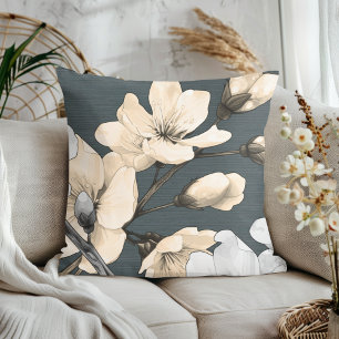 Modern Cherry Blossoms on Dark Grey Linen  Cushion