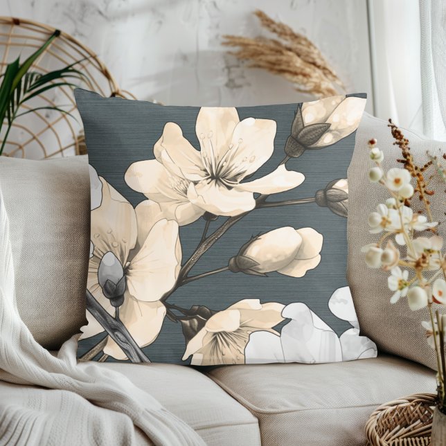 Modern Cherry Blossoms on Dark Grey Linen  Cushion (Creator Uploaded)
