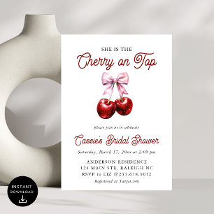 Modern Cherry On Top Pink Bow Bridal Shower Invitation