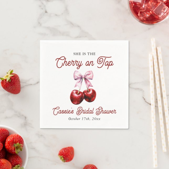 Modern Cherry On Top Pink Bow Bridal Shower Napkin (Insitu)