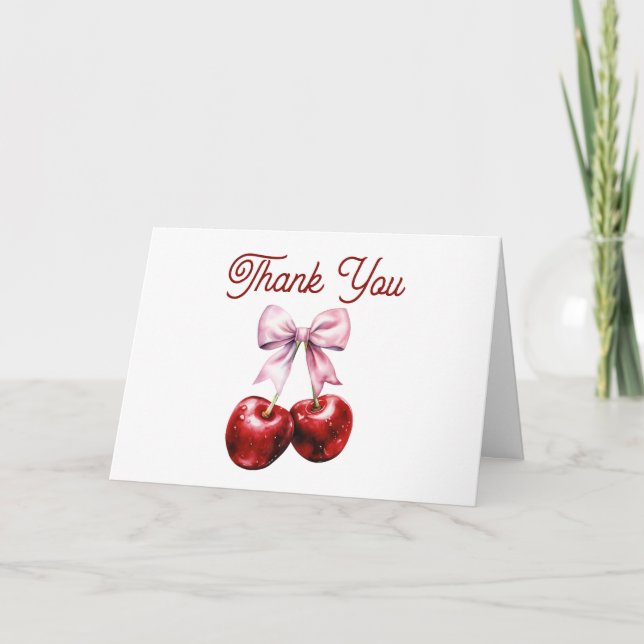 Modern Cherry On Top Pink Bow Bridal Shower Thank You Card (Front)