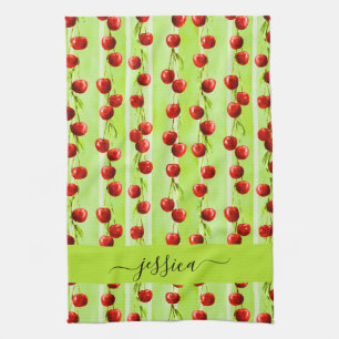 Modern cherry pattern script name  tea towel
