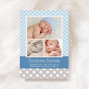 Modern Chevron Baby Boy Blue Grey Photo Birth Announcement