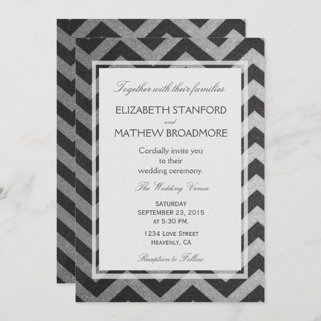 Modern Chevron Black and Silver Invitation (Front/Back)