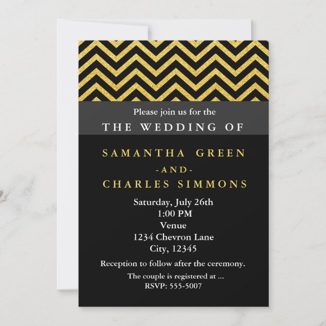 Modern Chevron Black & Gold Wedding Invitations (Front)