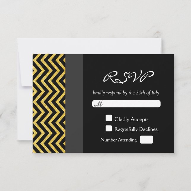 Modern Chevron Black & Gold Wedding RSVP Card (Front)