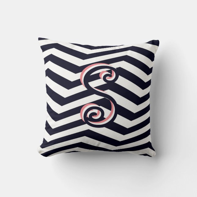 Modern Chevron Black Stripe Pink Trendy Monogram Cushion (Front)