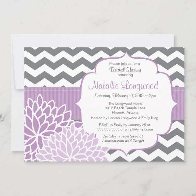 Modern Chevron Floral baby or bridal shower purple Invitation (Front)