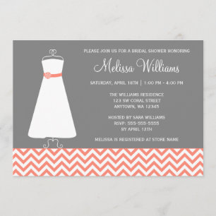 Modern Chevron Gown Coral Grey Bridal Shower Invitation