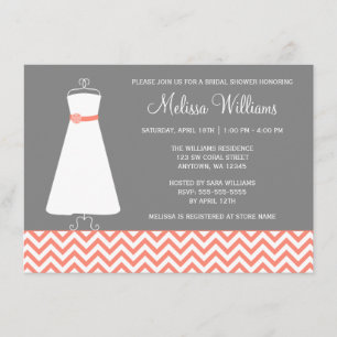 Modern Chevron Gown Coral Grey Bridal Shower Invitation