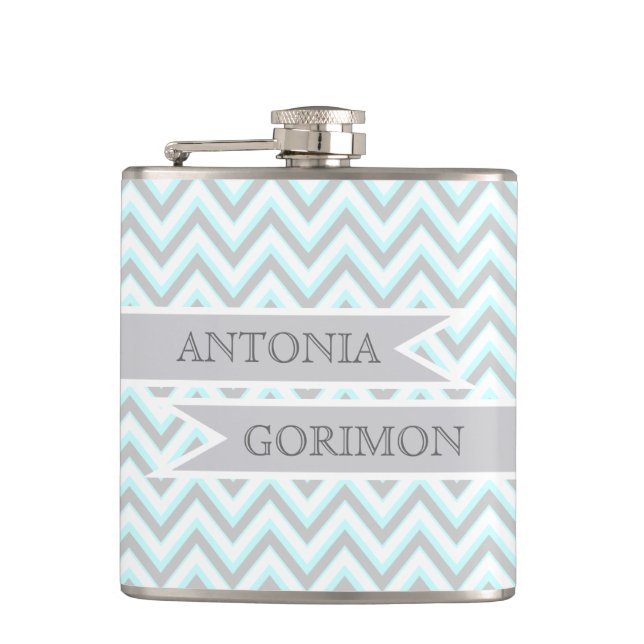 Modern chevron grey, aqua wedding personalised hip flask (Front)