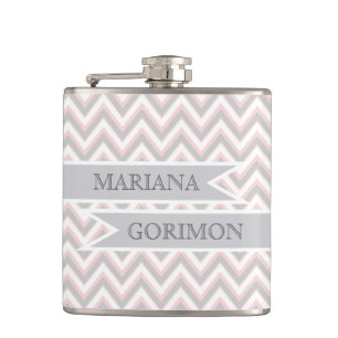 Modern chevron grey, pink wedding personalised hip flask