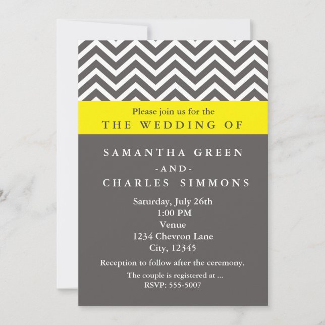 Modern Chevron Grey & Yellow Wedding Invitations (Front)