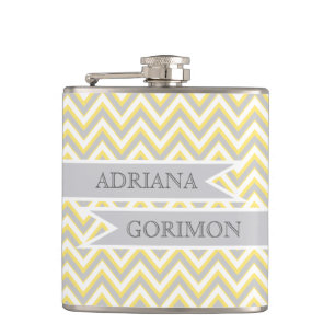 Modern chevron grey, yellow wedding personalised hip flask