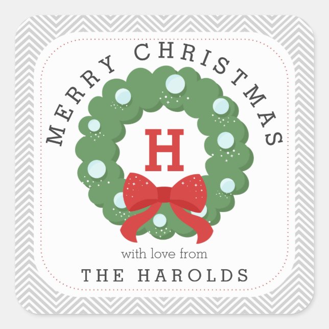 Modern Chevron Merry Christmas Wreath Monogrammed Square Sticker (Front)