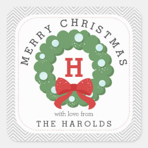 Modern Chevron Merry Christmas Wreath Monogrammed Square Sticker