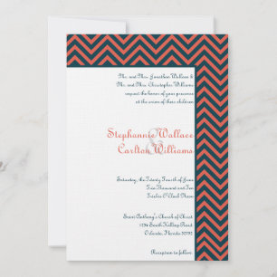Modern Chevron Neon Coral/Navy Wedding Invitation