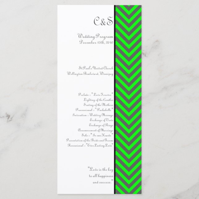 Modern Chevron Neon Green/Grey Wedding Programs (Front)