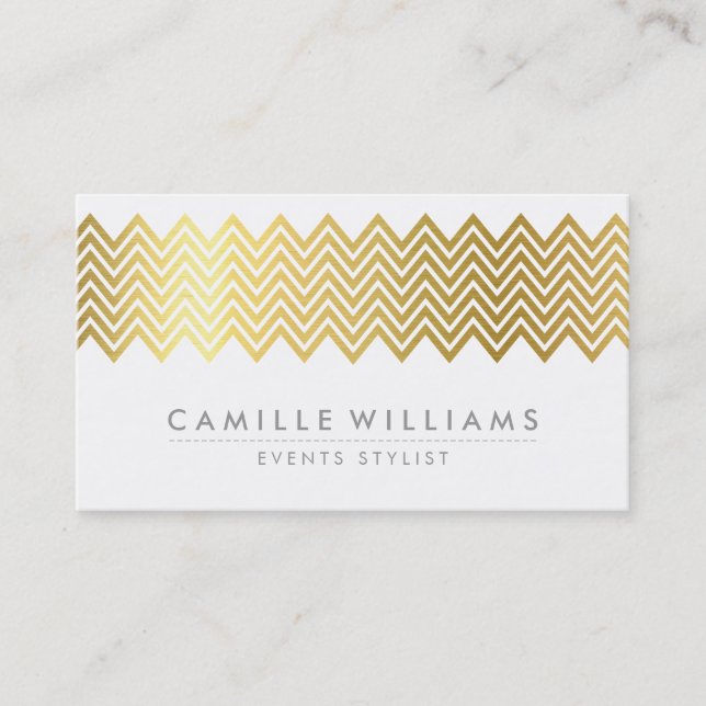 MODERN CHEVRON pattern cool gold foil white grey Business Card (Front)