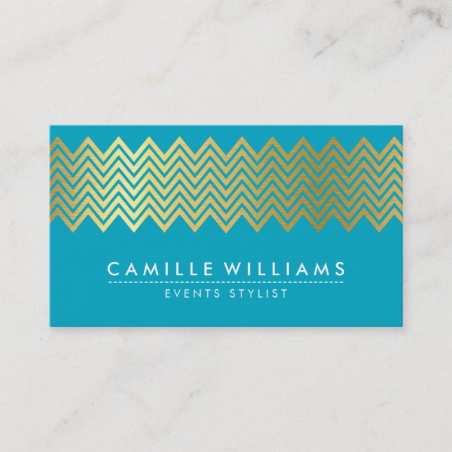 MODERN CHEVRON pattern gold foil turquoise blue Business Card (Front)