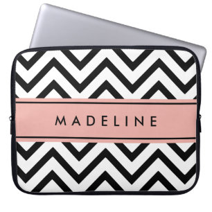 Modern Chevron Pattern & Name Pink, Black & White Laptop Sleeve