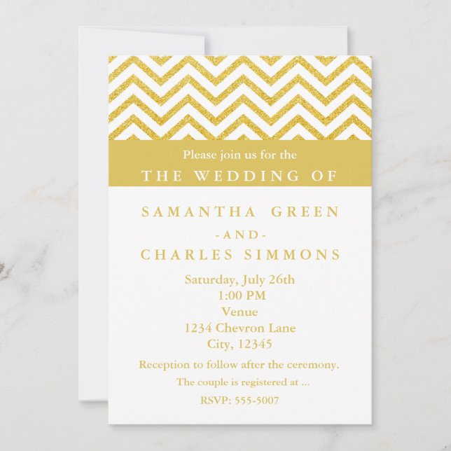 Modern Chevron White & Gold Wedding Invitations (Front)