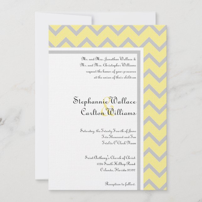 Modern Chevron Yellow/Grey Wedding Invitation (Front)
