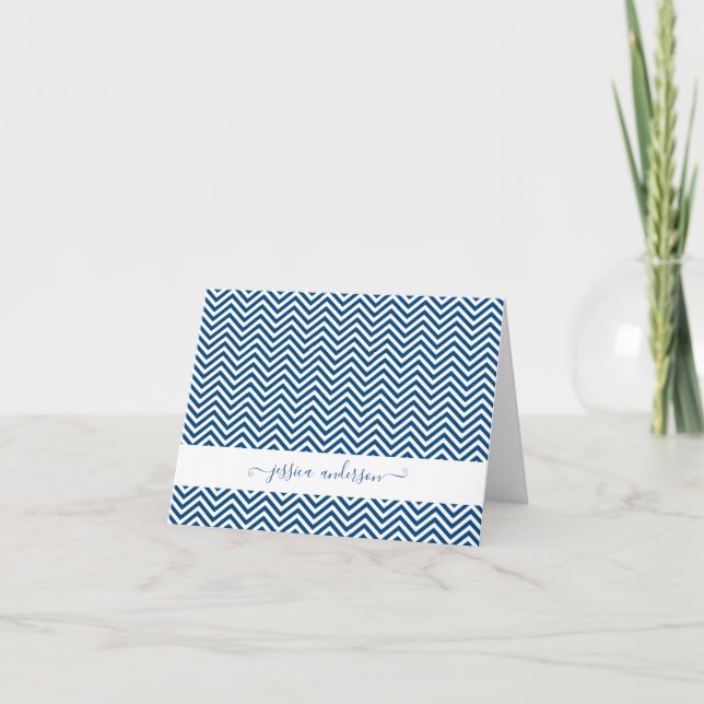 Modern Chevron Zigzag Girly Script Chic Navy Blue Note Card (Front)