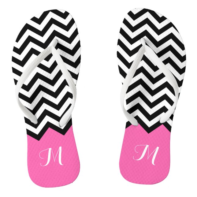 Modern Chevron Zigzag Monogram Girly Rose Pink Thongs (Footbed)