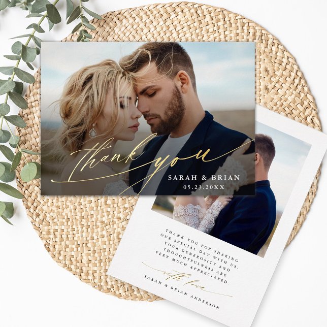 Modern Chic 2 Photo Gold Foil Thank You Card (Front & Back)