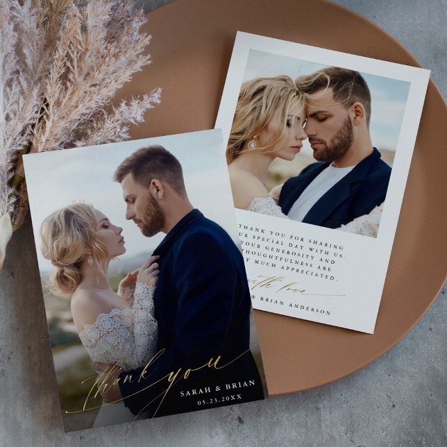 Modern Chic 2 Photo Gold Foil Thank You Card (Front & Back)