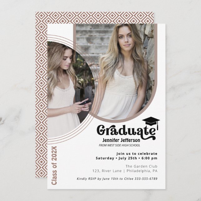 Modern Chic 2 photos Graduation Party earth tones Holiday Card (Front/Back)