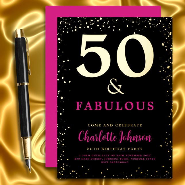Modern Chic 50th Birthday Party Pink Black Gold (Stylish modern 50 and fabulous  pink black and gold foil glitter 50th birthday party invitation )