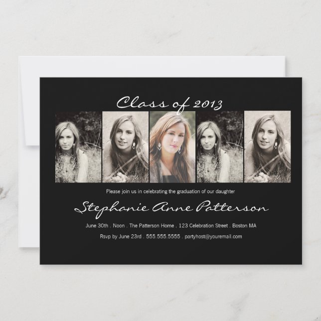 Modern Chic 5 Photo Graduation Announcement |Black (Front)