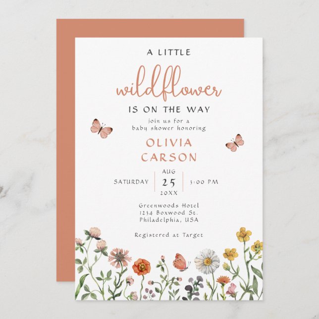 Modern Chic A Little Wildflower Floral Baby Shower Invitation (Front/Back)
