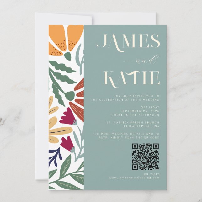 Modern Chic Abstract Floral Retro Sage Wedding QR  Invitation (Front)