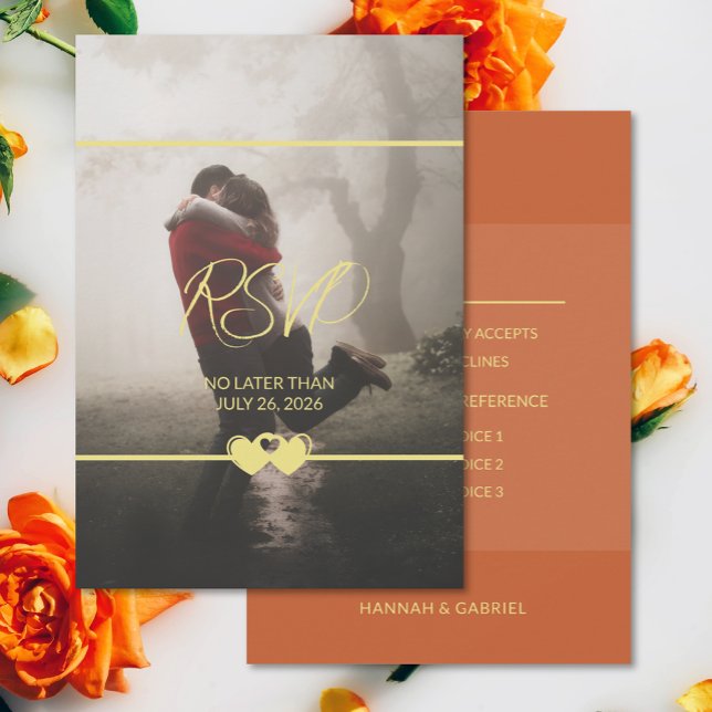 Modern Chic Add Photo Wedding RSVP Response Card (The front and back of the modern chic wedding photo RSVP response card)