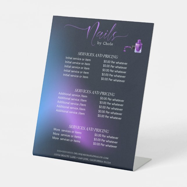 Modern Chic Amethyst Nail Service Menu Price List Pedestal Sign (Front)