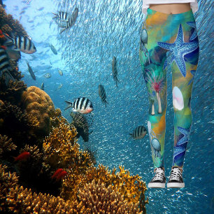 Modern Chic Aqua Blue Marine Life Ocean Starfish  Leggings