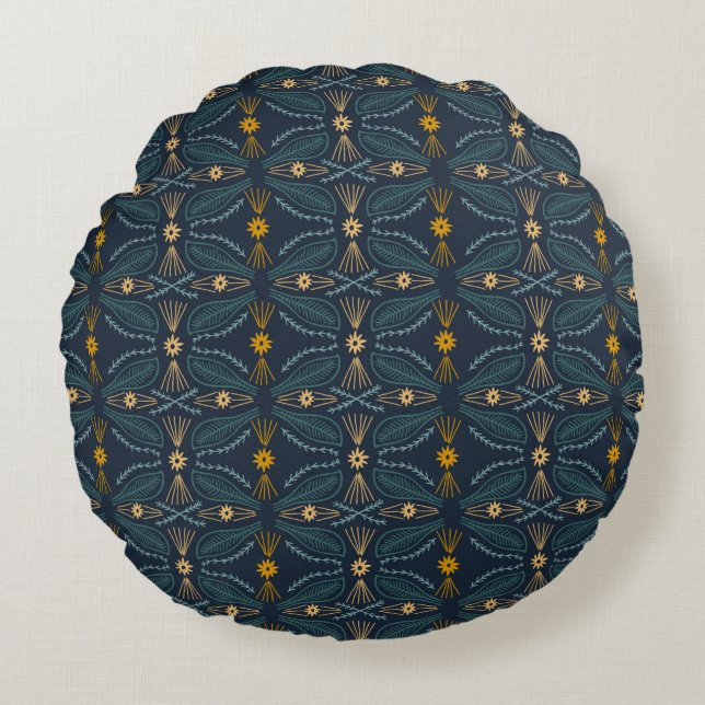 Modern Chic Artsy Pattern Navy Green Gold Round Cushion (Front)