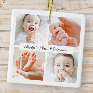 Modern Chic Baby's First Christmas 4 Photo Holiday Ceramic Ornament