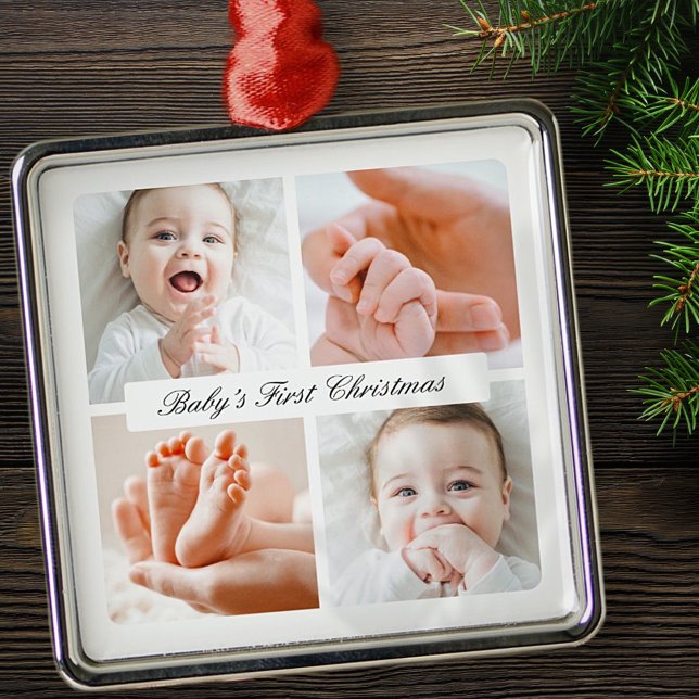 Modern Chic Baby's First Christmas 4 Photo Holiday Metal Ornament (Creator Uploaded)