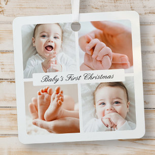 Modern Chic Baby's First Christmas 4 Photo Holiday Metal Tree Decoration