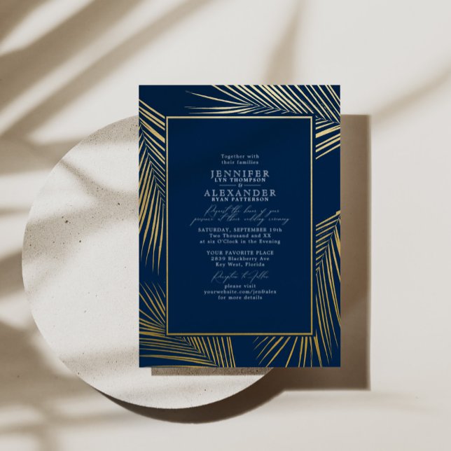 Modern Chic Beach Palm & RSVP QR Code Wedding Gold (Creator Uploaded)